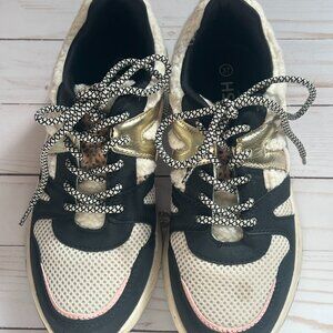 Posh by Peolman Women's Beige/Black Faux Fur Metallic Carocel Sneakers size 37